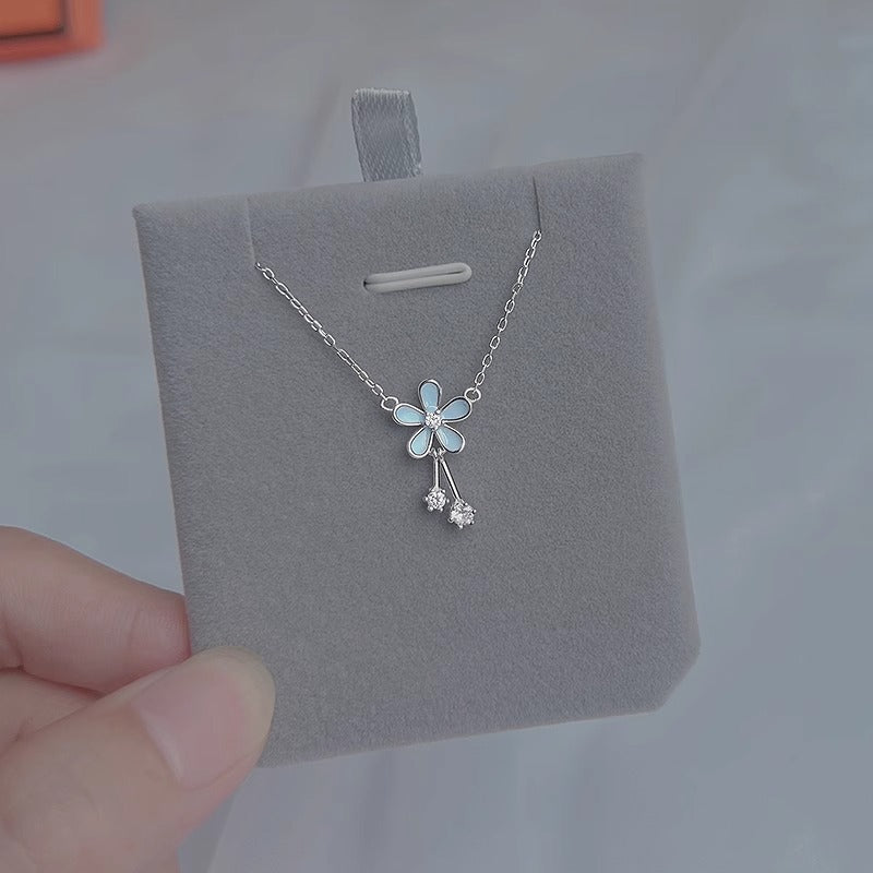 Blue Flower Necklace With Zircon Tassel Pendant For Women