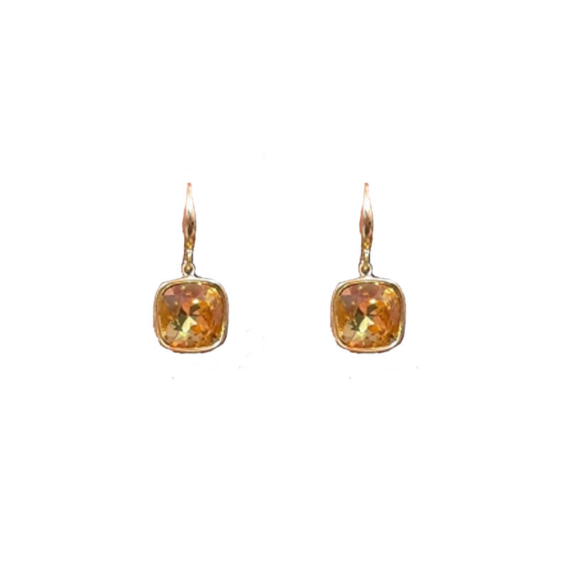 Exquisite Stylish And Versatile French-style Coffee-gold Crystal Sugar-cube Earrings