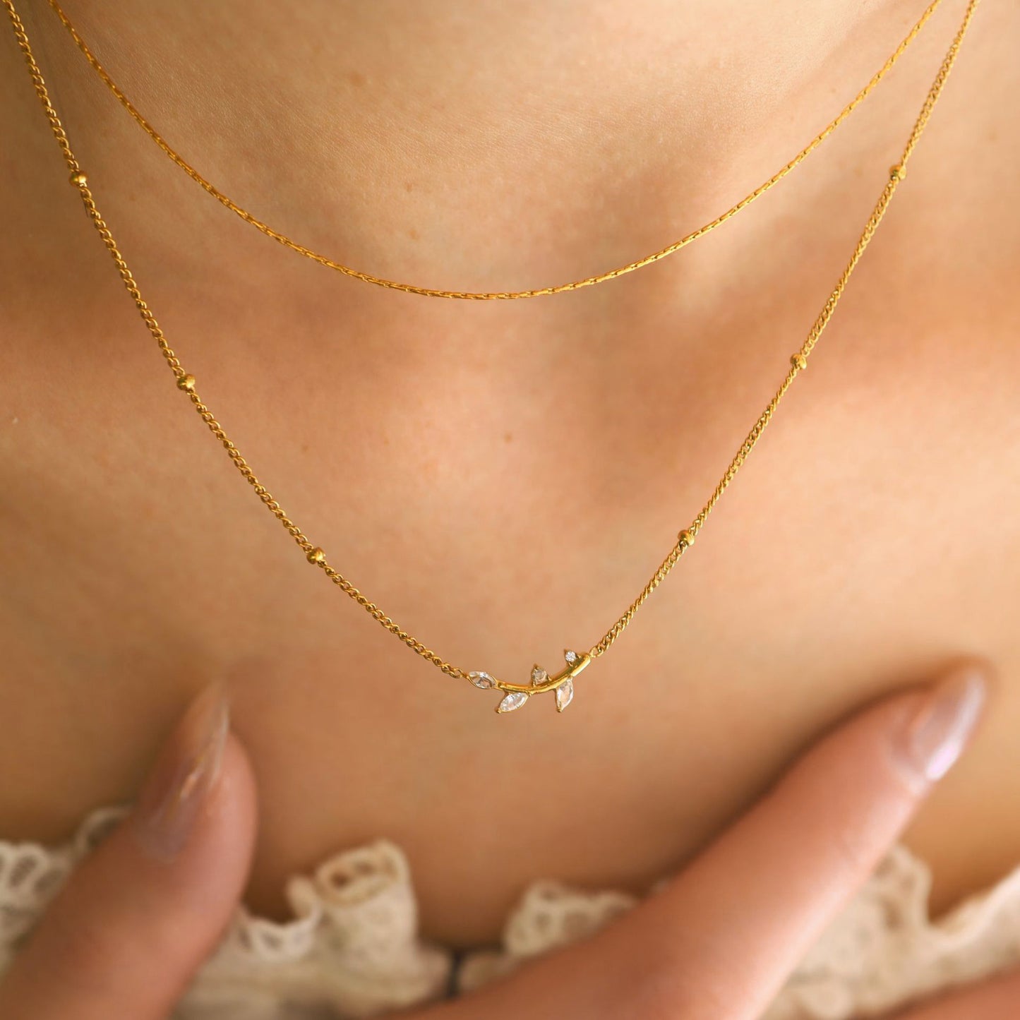 Olive Leaf Pendant Double-Tier Diamond-Encrusted Light-Luxury Clavicle Chain For Women