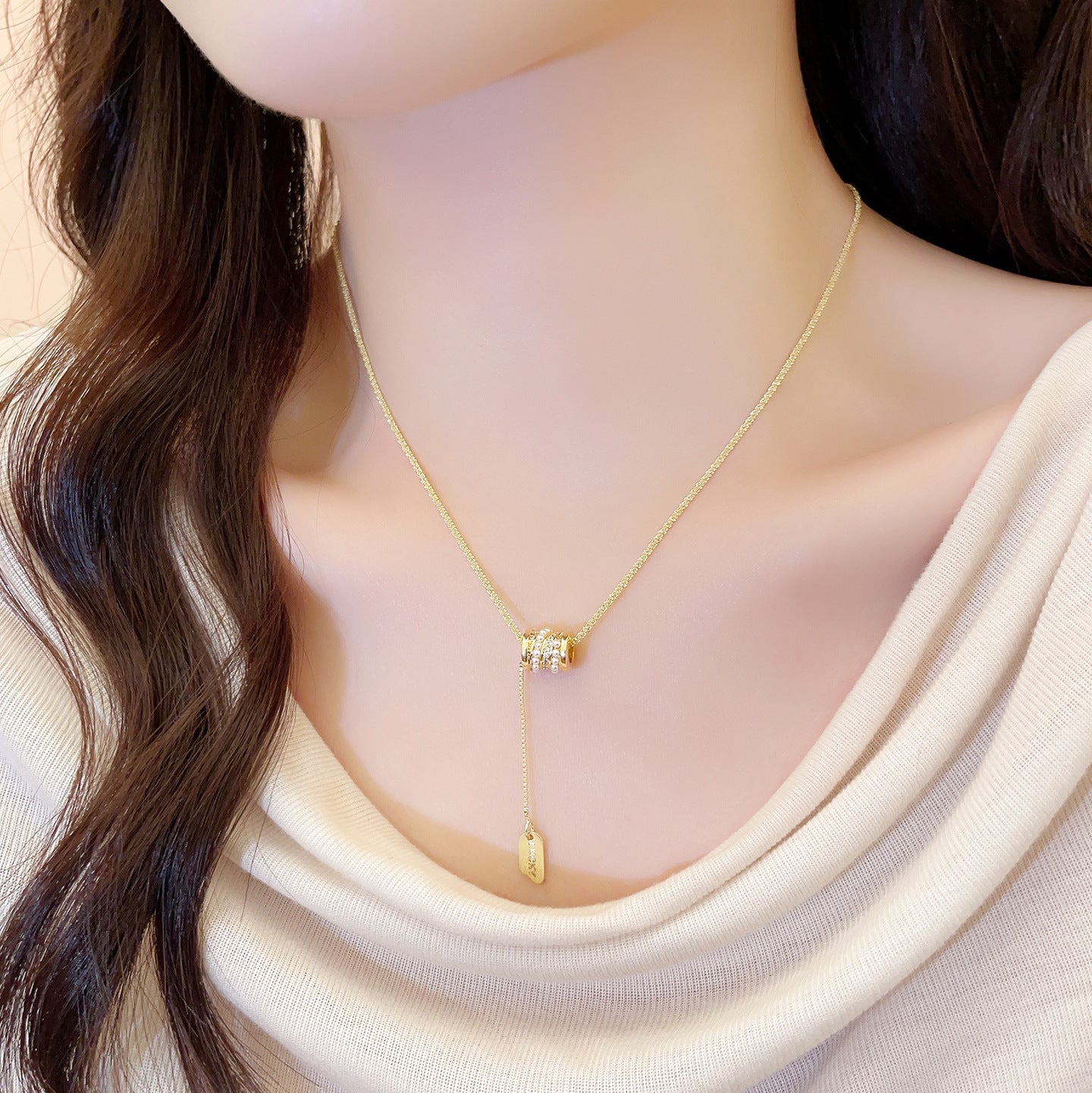 Golden Petite Waist Zircon Pearl Tassel Necklace For Women