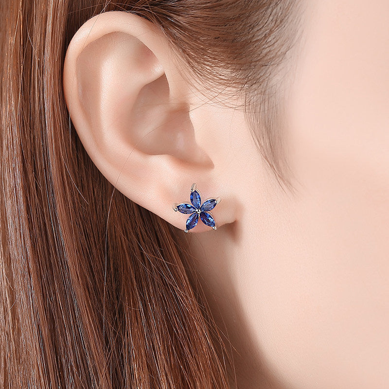 S925 Silver Needle Blue Rhinestone Flower Stud Earrings Simple And Elegant