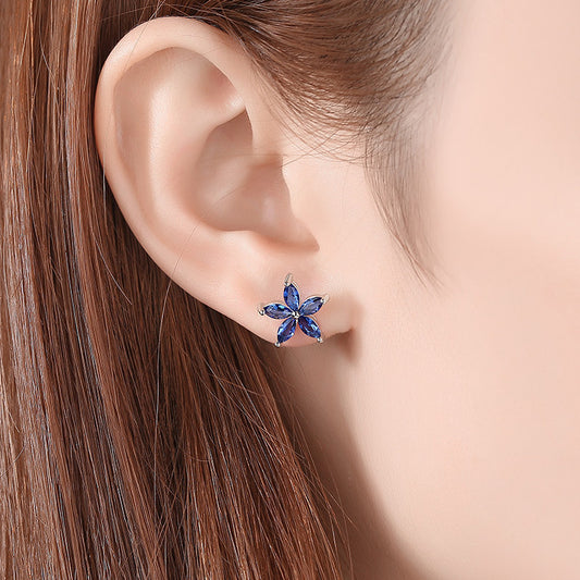 S925 Silver Needle Blue Rhinestone Flower Stud Earrings Simple And Elegant