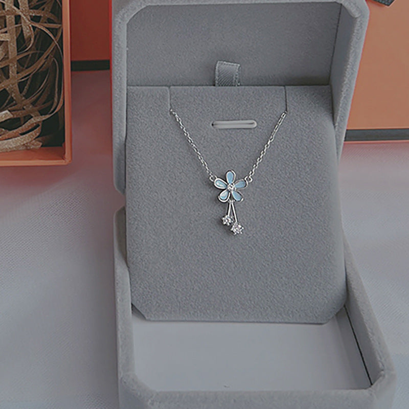 Blue Flower Necklace With Zircon Tassel Pendant For Women