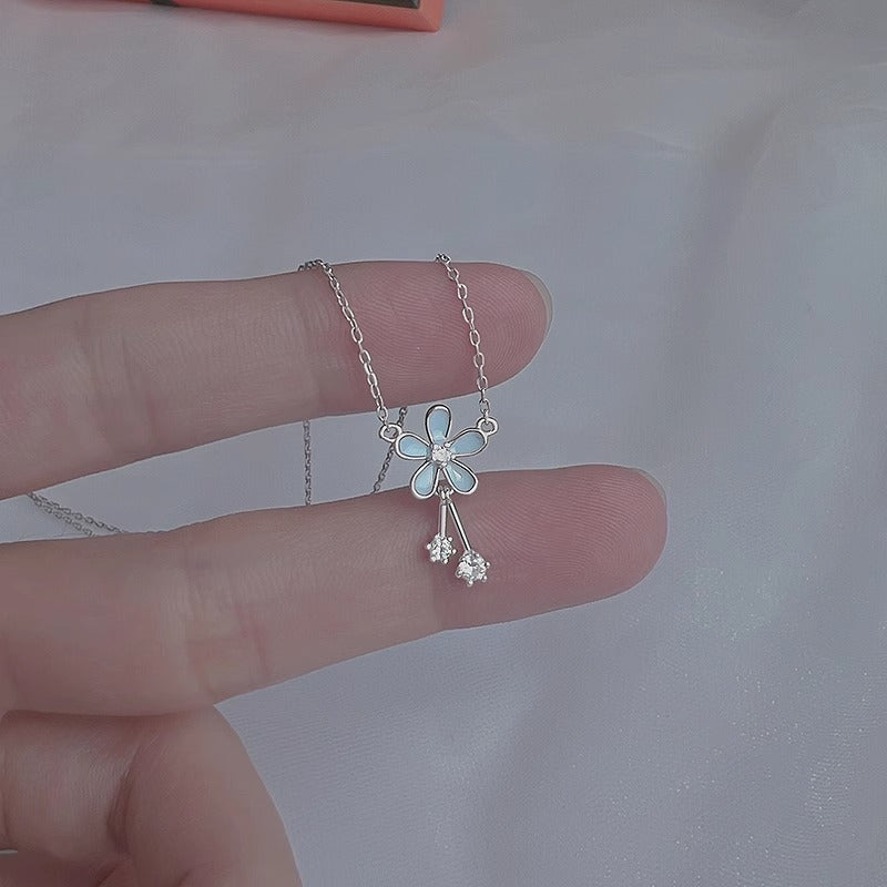 Blue Flower Necklace With Zircon Tassel Pendant For Women