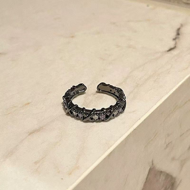 Gothic Black Rose Open Ring With Purple Zircon, Dark Romantic Adjustable Stackable Ring For Women