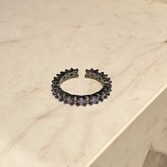 Gothic Black Rose Open Ring With Purple Zircon, Dark Romantic Adjustable Stackable Ring For Women