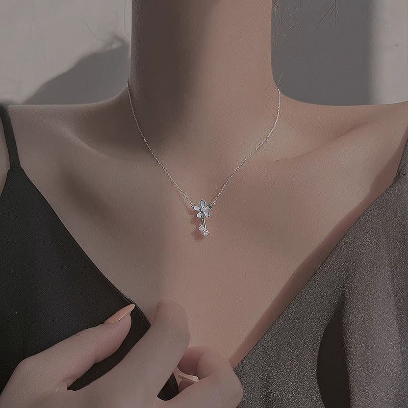 Blue Flower Necklace With Zircon Tassel Pendant For Women