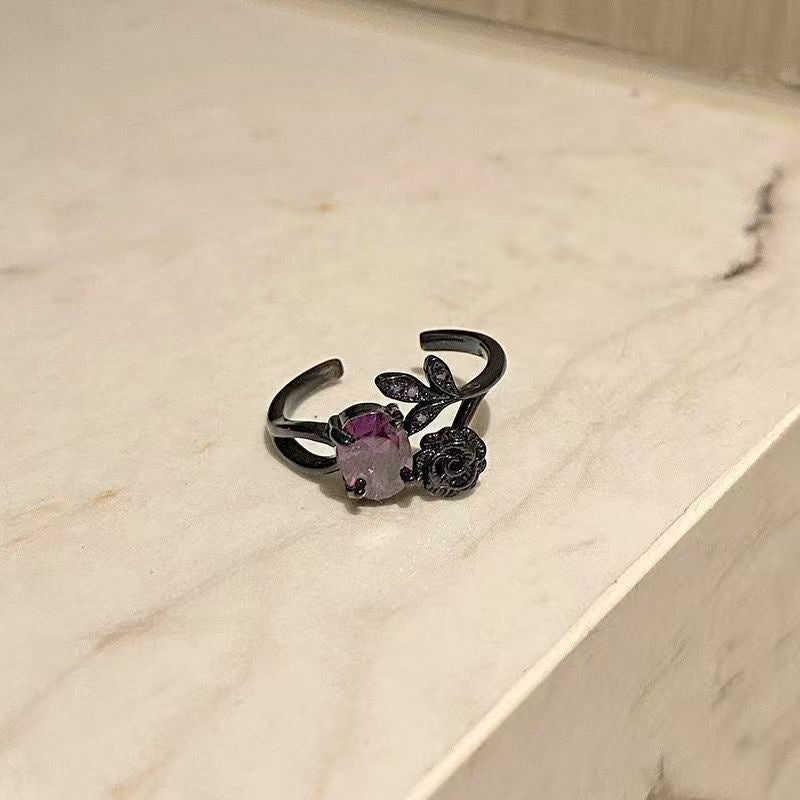 Gothic Black Rose Open Ring With Purple Zircon, Dark Romantic Adjustable Stackable Ring For Women