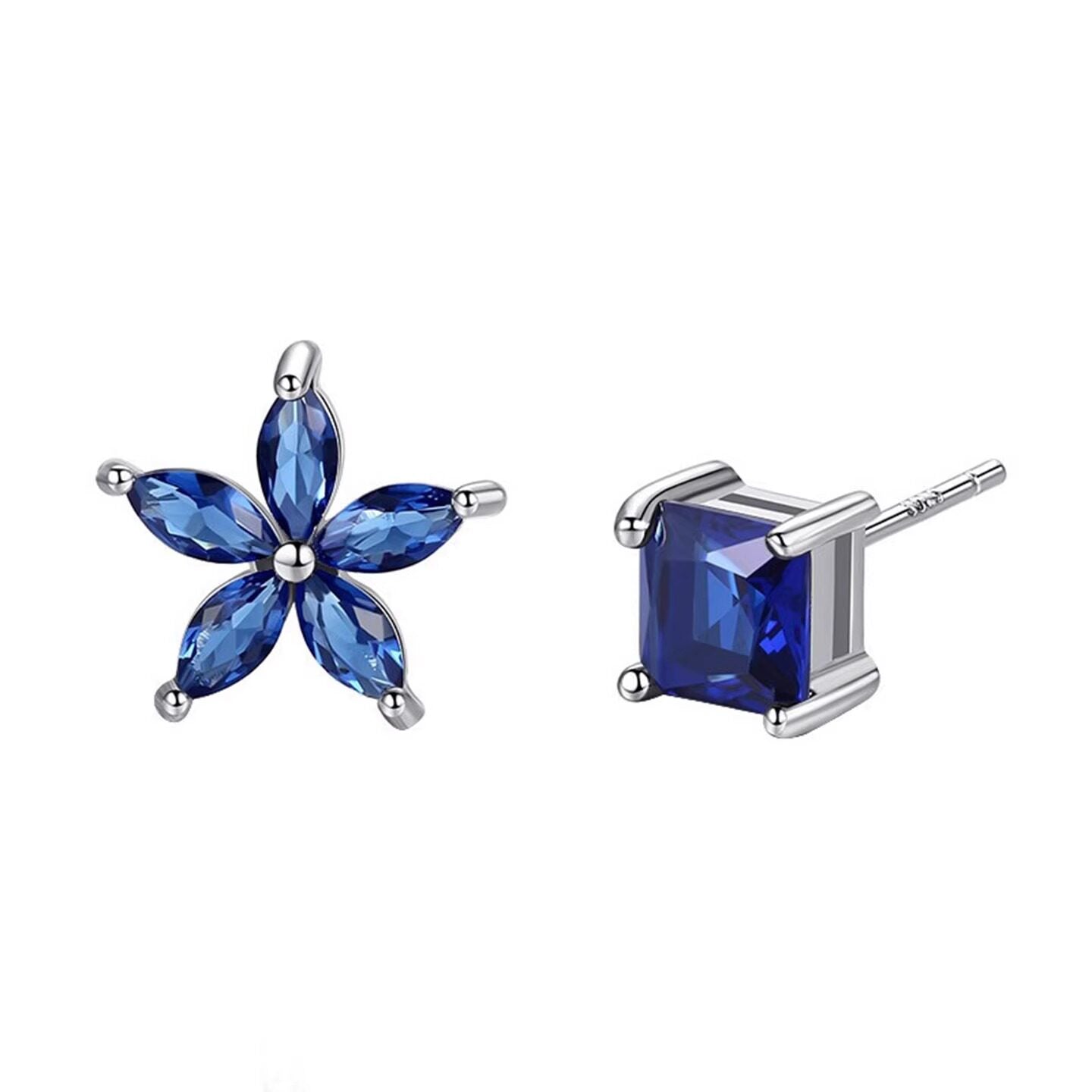 S925 Silver Needle Blue Rhinestone Flower Stud Earrings Simple And Elegant